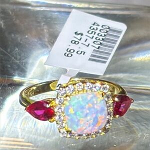 Zato’s Gold Plated 925 Sterling Silver Lab Opal and Red Crystal CZ Ring $78.99